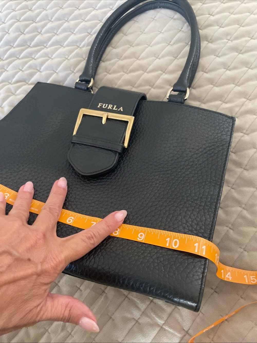 Furla Black Pebbled Leather Satchel with Gold Buckle - Picture 15 of 16